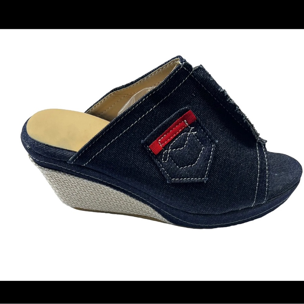 Womens Denim Peep Toe Mules Slippers Summer Platform Wedge Sandals Beach Shoe/ 8